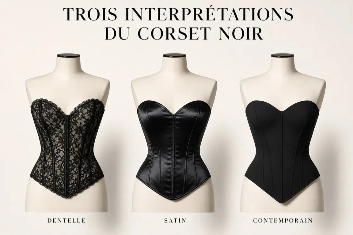 Corset noir en dentelle, satin et coupe contemporaine comparés dans une mise en scène mode