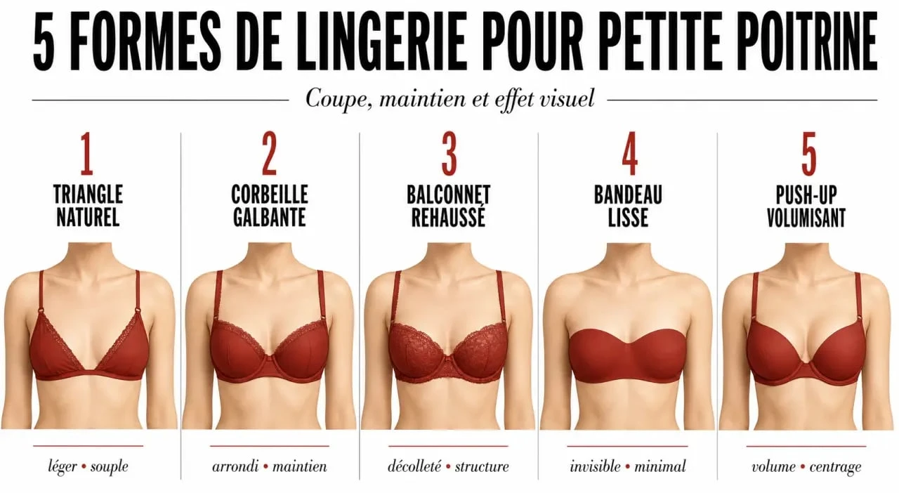 Lingerie pour petits seins : comparaison visuelle des formes triangle, corbeille, balconnet, bandeau et push-up