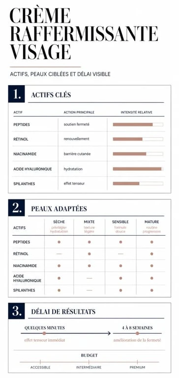 Crème raffermissante pour le visage : comparatif des actifs, du type de peau et du délai de résultats