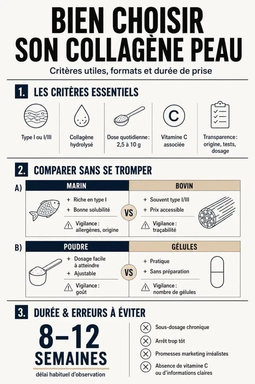 Infographie sur le bon collagène pour la peau avec critères de choix, dosage et comparaison des formes