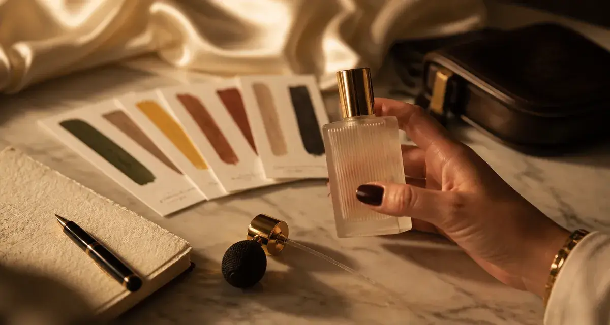 Parfum haut de gamme pour femme : flacon luxe sur table en marbre
