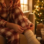 Pyjama de noel femme coton, flocons et carreaux, près de la fenêtre en hiver