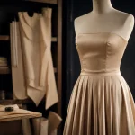 Robe bustier satin champagne longue sur mannequin en atelier couture