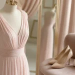 Robe ceremonie rose poudré longue en mousseline, col V fluide