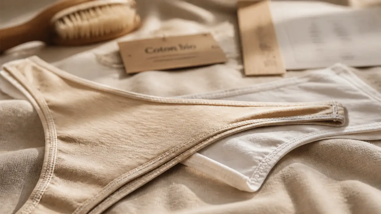 Tanga coton bio beige clair et blanc cassé, couture plate et élastique confort