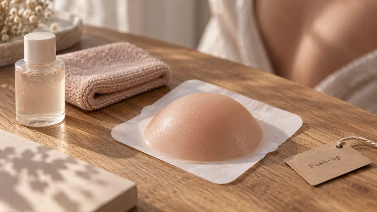 Cache teton push up silicone nude sur table bois clair