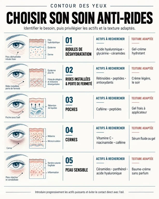 Infographie pour choisir le meilleur anti ride yeux selon les rides, cernes, poches et la sensibilité