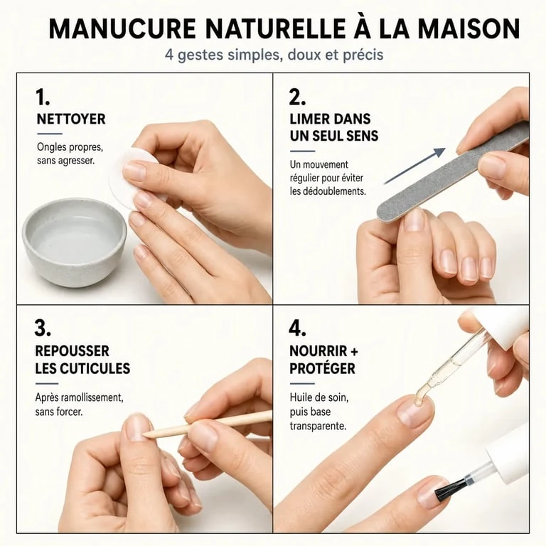 Manucure naturelle à la maison en quatre étapes avec limage doux, soin des cuticules et huile nourrissante
