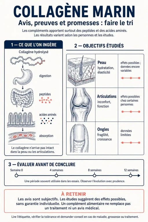 Infographie sur les avis concernant le collagène marin, les preuves, les promesses et la durée d’évaluation