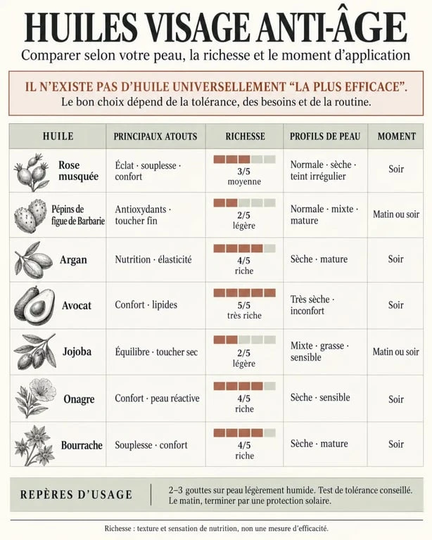 Comparatif de l’huile anti-âge la plus efficace selon le type de peau et la texture