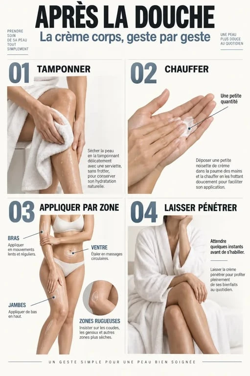 Routine illustrée pour bien appliquer une crème corps après la douche