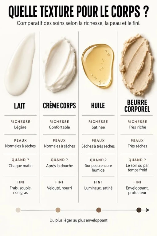 Infographie comparative des textures de crème corps, lait, huile et beurre corporel