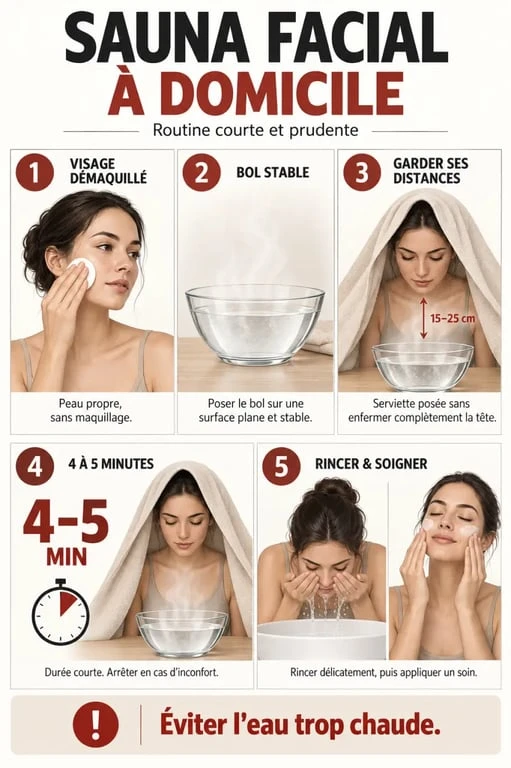 Étapes d’un sauna facial à domicile avec vapeur douce et soin post-séance