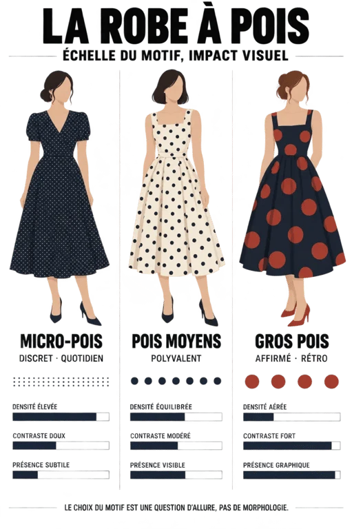 Comparatif visuel d'une robe à petits pois, pois moyens et gros pois