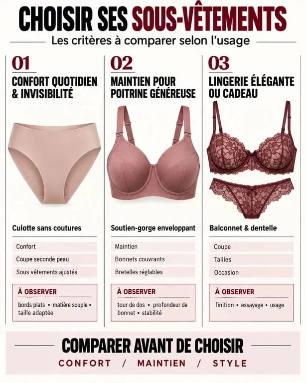 Infographie comparative pour choisir la meilleure marque de sous-vêtement femme selon le confort, le maintien et le style