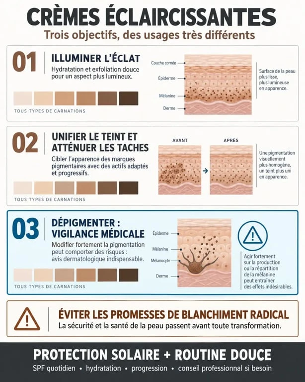 Infographie sur la crème éclaircissante, l’unification du teint et les précautions contre la dépigmentation