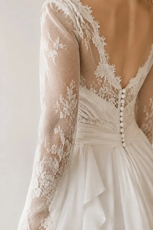 Détails de robe de mariée boheme en dentelle, guipure et mousseline