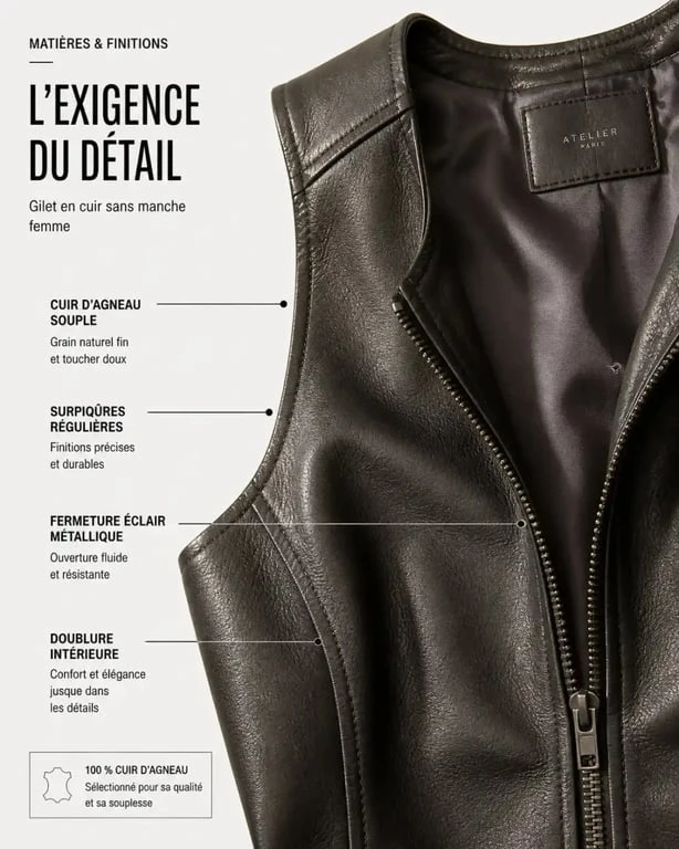 Finitions et surpiqûres d'un gilet cuir sans manche femme de qualité