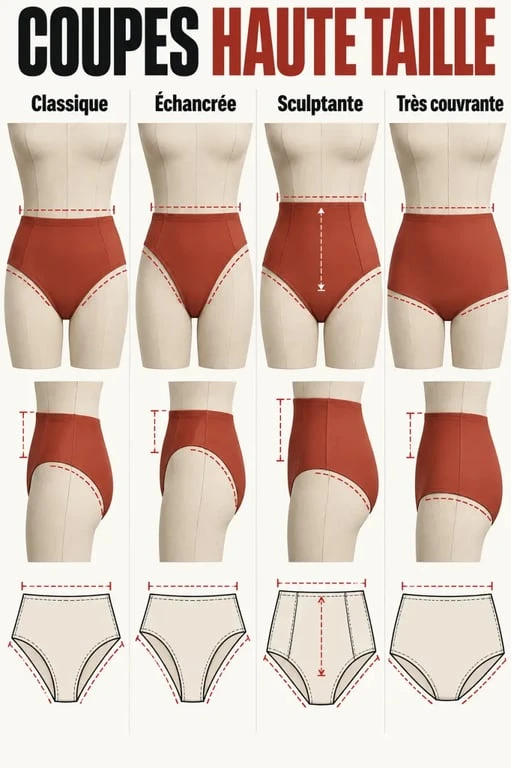 Infographie des différentes coupes de bikini haute taille classique, échancrée, sculptante et très couvrante