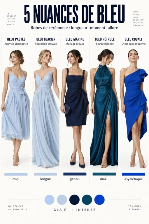 Nuances de robe pour mariage bleu selon la formalité et la saison