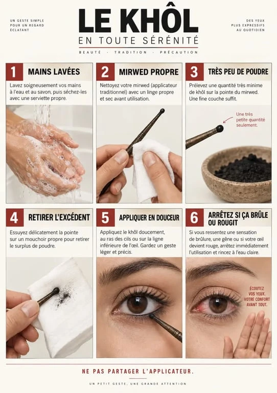 Étapes d’application du khol pour les yeux avec un mirwed propre