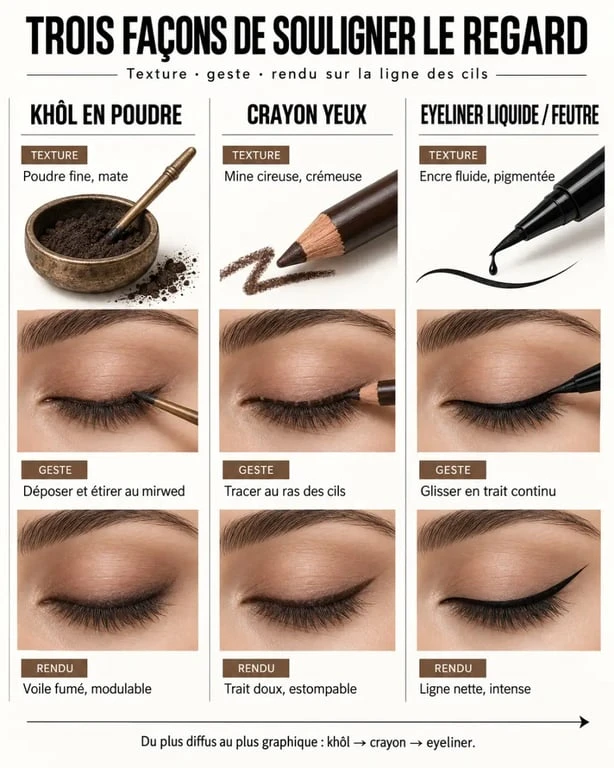 Infographie comparative du khol pour les yeux, du crayon yeux et de l’eyeliner