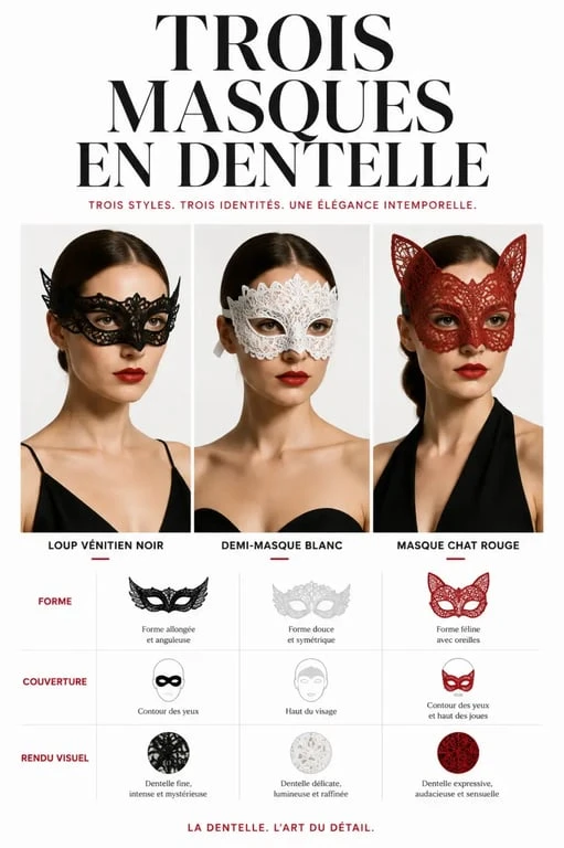 Masques dentelle portés en comparaison visuelle avec différentes formes et couleurs