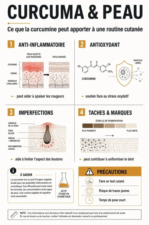 Curcuma bienfaits sur la peau : infographie des effets anti-inflammatoires, antioxydants et des précautions d'emploi