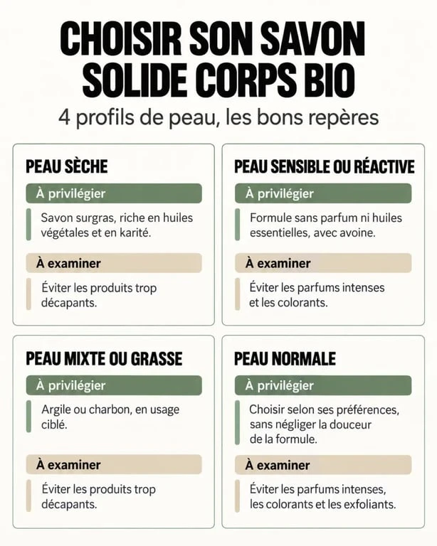 Infographie pour choisir un savon solide corps bio selon son type de peau