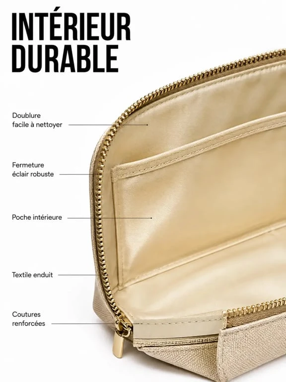 Détail matière et intérieur d’une pochette maquillage résistante