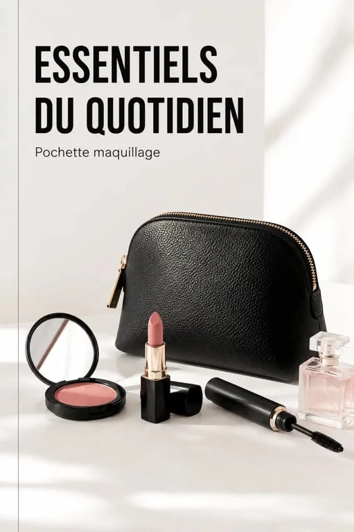 Pochette maquillage élégante sur coiffeuse avec essentiels beauté