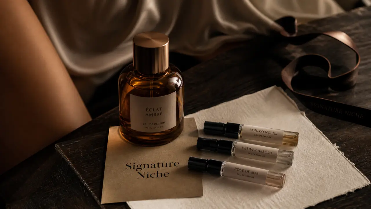 Parfum de niche femme : flacon signature ambré et échantillons