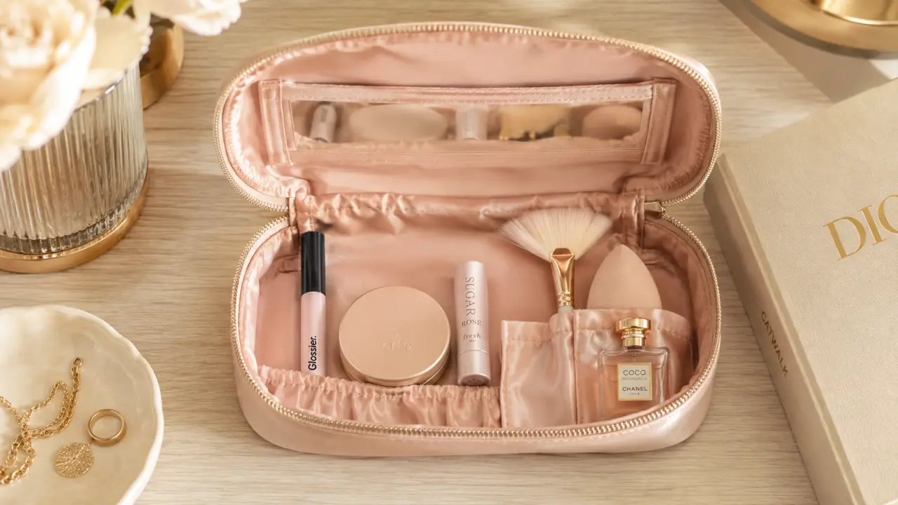 Pochette maquillage rose poudré ouverte sur coiffeuse