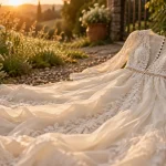 Robe de mariée boheme en dentelle, jardin champêtre au coucher du soleil