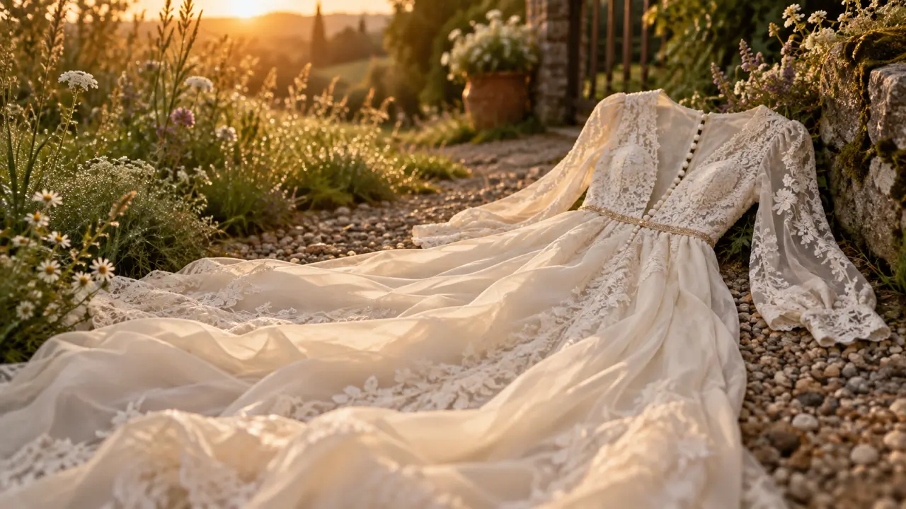 Robe de mariée boheme en dentelle, jardin champêtre au coucher du soleil