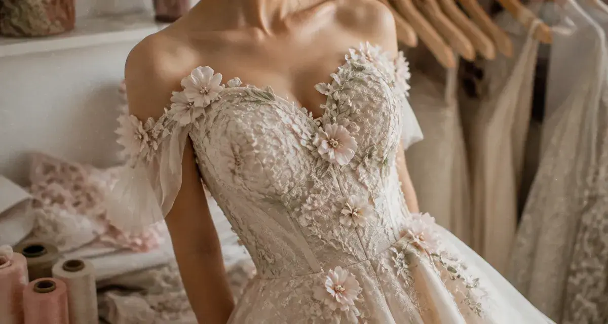 Robe mariee fleur avec broderie 3D sur robe de mariée, détail corsage
