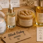 Black Friday soins corps et visage : crème, sérum et huile sur table