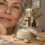Crème visage femme 80 ans : pot ouvert, hydratation sur peau âgée