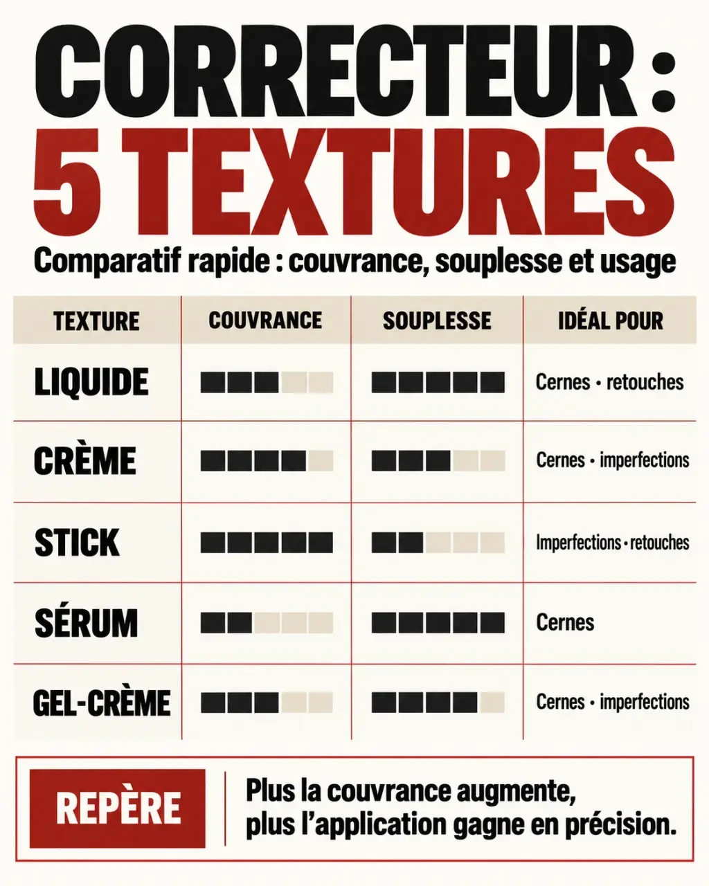 Infographie sur le correcteur maquillage et les textures adaptées aux cernes et imperfections