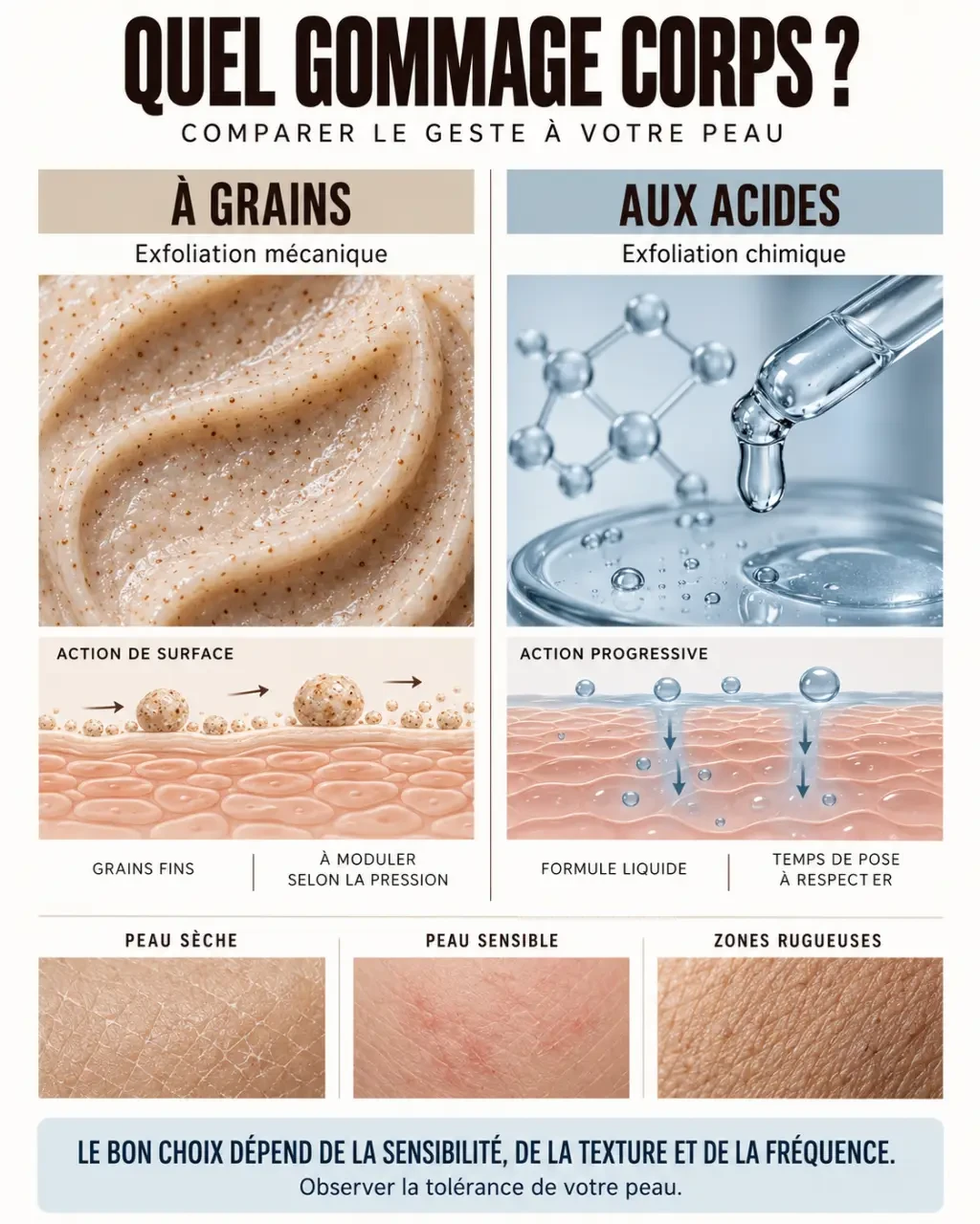 Meilleur gommage corps : comparaison entre exfoliation mécanique et exfoliation aux acides
