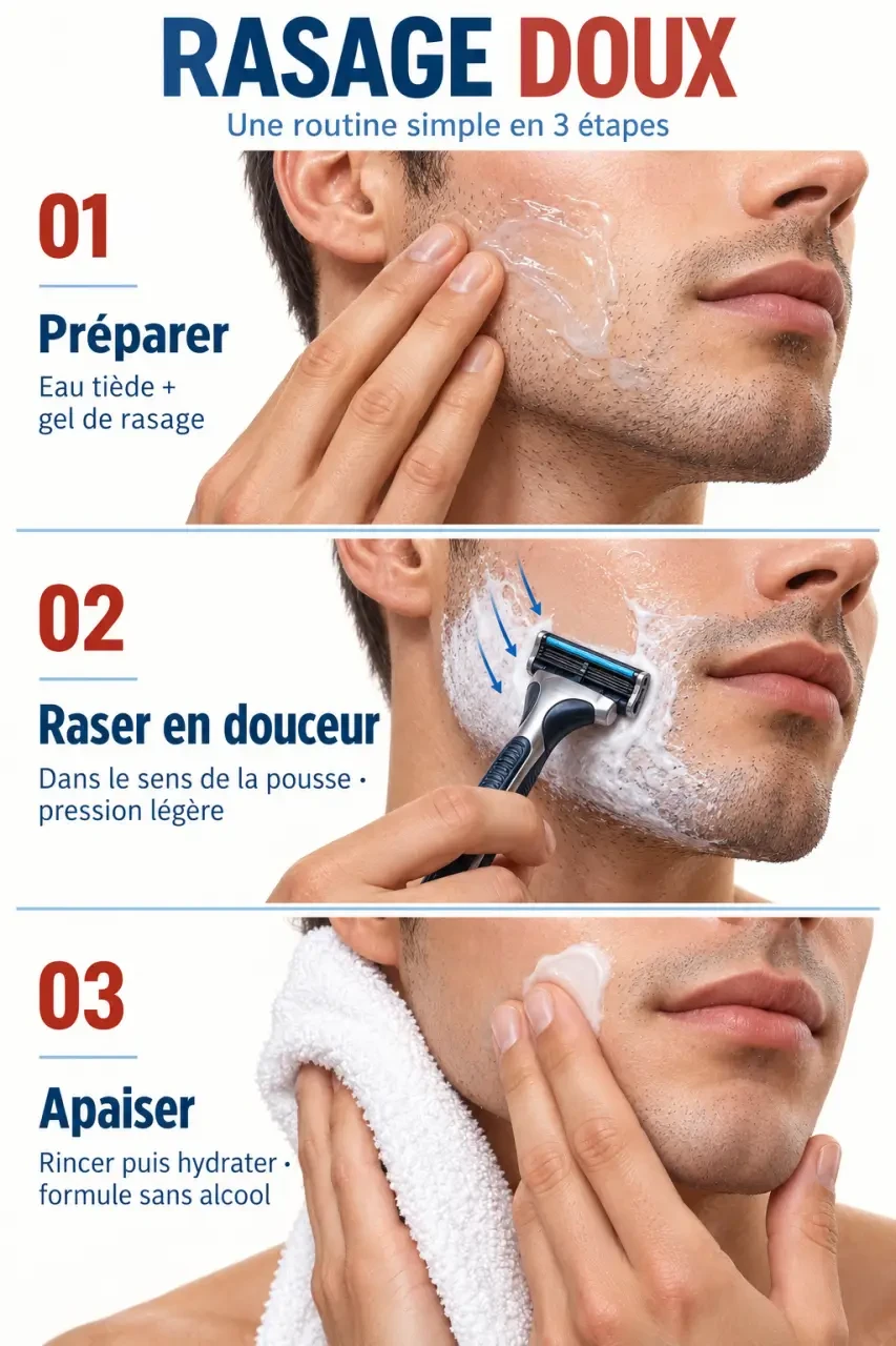 Routine illustrée pour prévenir la rougeur après rasage avant, pendant et après le passage de la lame