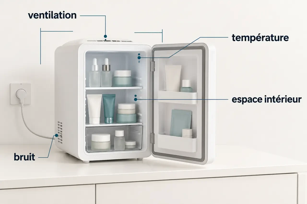 Frigo cosmétique ouvert avec soins organisés et espace de ventilation visible