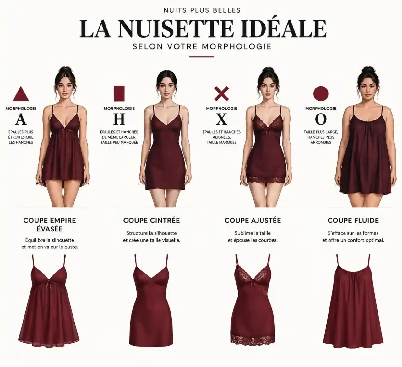 Nuisette femme transparente : quelle coupe choisir selon les morphologies A, H, X et O