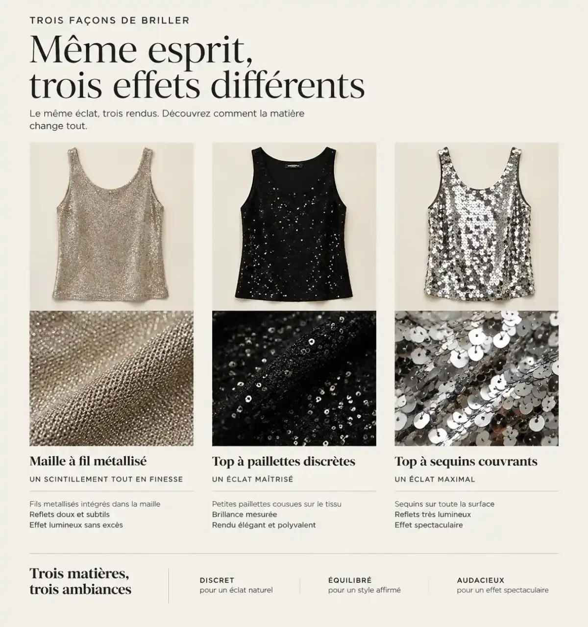 Haut femme paillette : comparaison de trois niveaux de brillance entre maille métallisée, paillettes discrètes et sequins couvrants