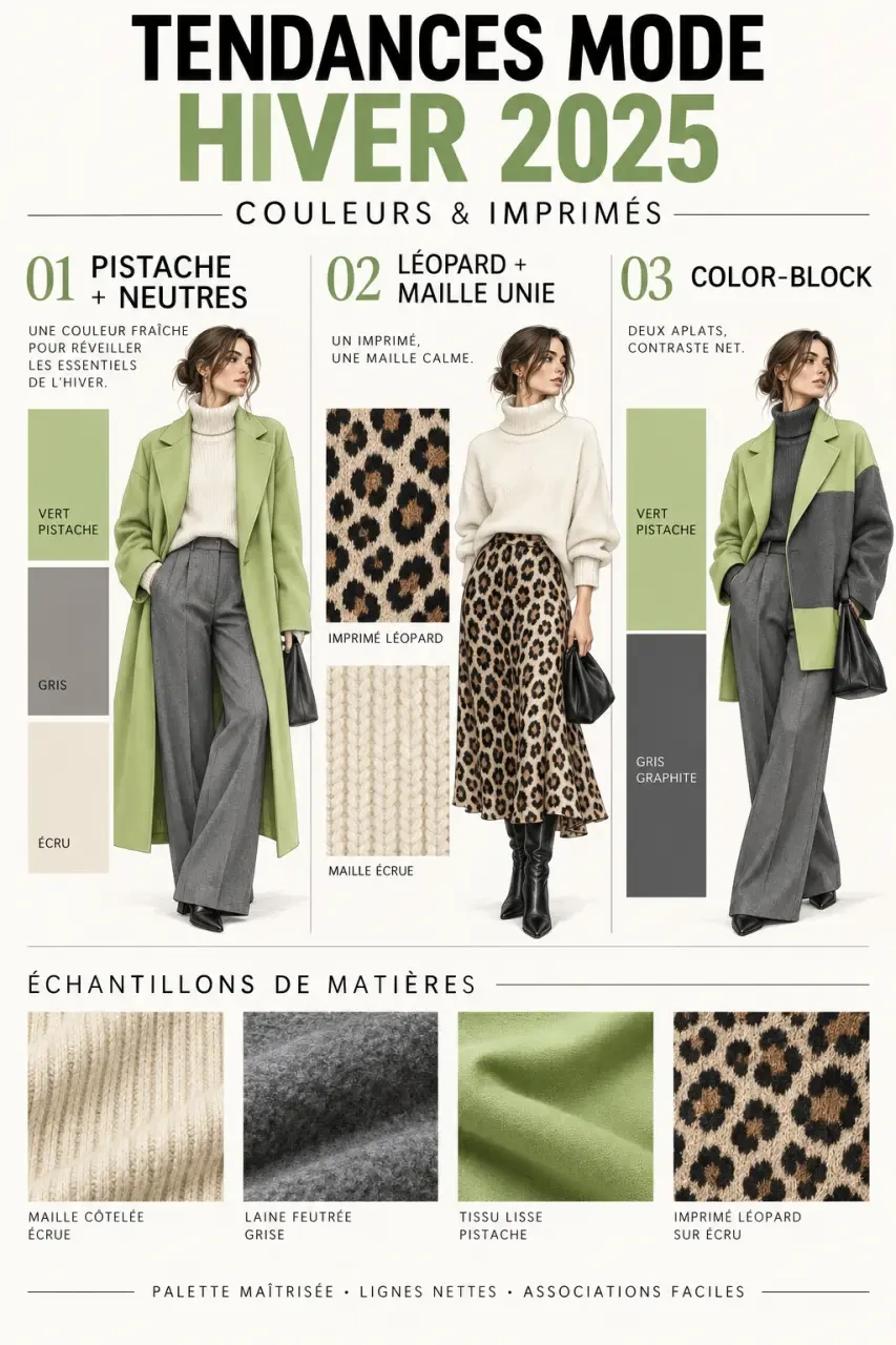 Couleurs et imprimés des tendances mode hiver 2025 : vert pistache, léopard et color-block
