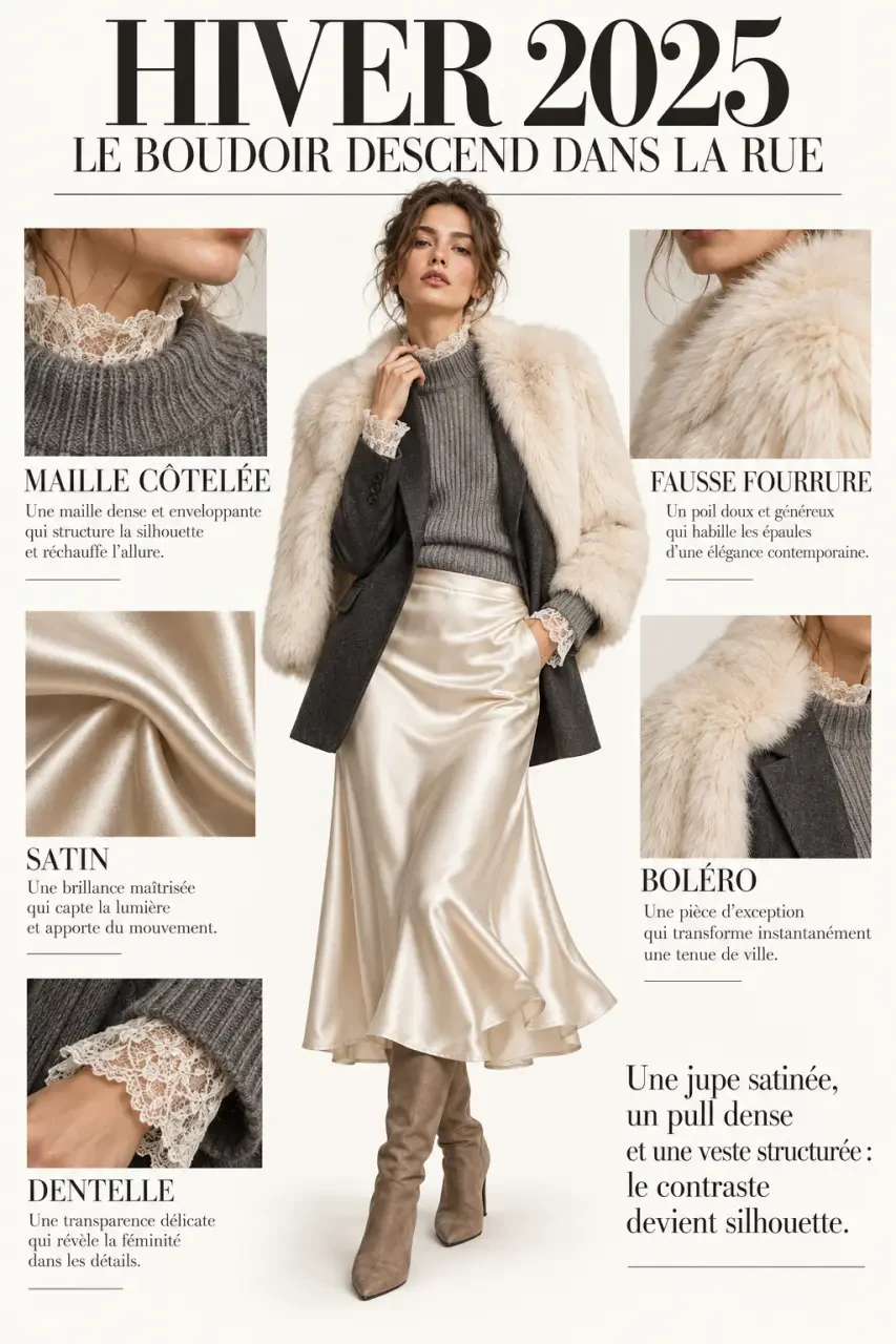 Matières texturées et détails boudoir dans les tendances mode hiver 2025