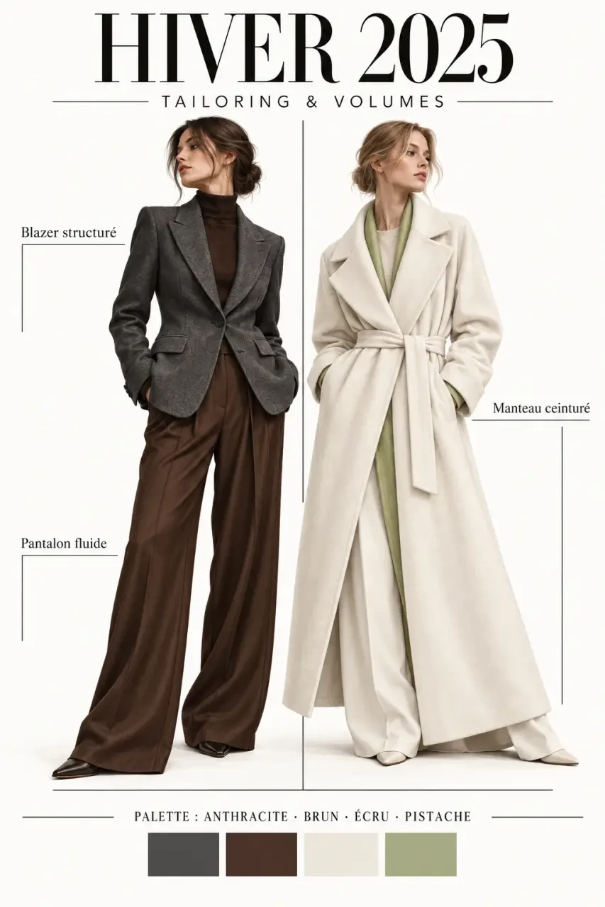 Tendances mode hiver 2025 entre tailoring structuré et manteau peignoir chic