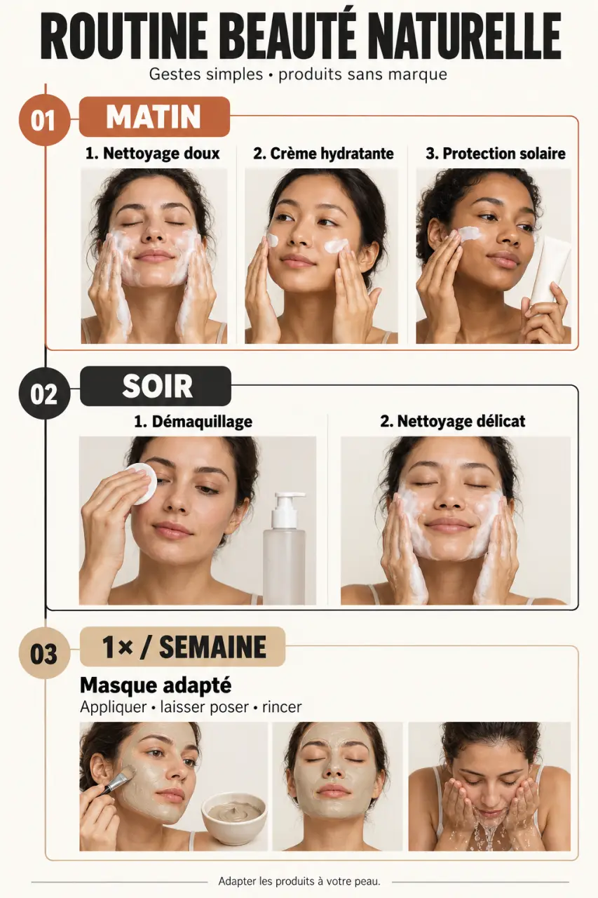 Routine beauté naturelle à la maison : ordre des soins du matin, du soir et du soin hebdomadaire