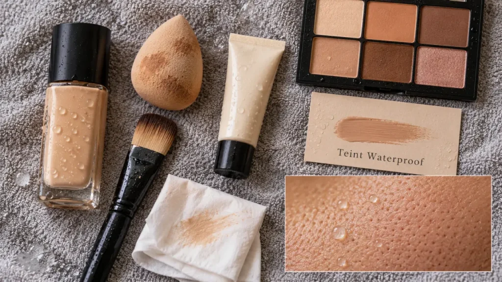 Fond de teint waterproof sur éponge et pinceau, texture peau et pores visibles