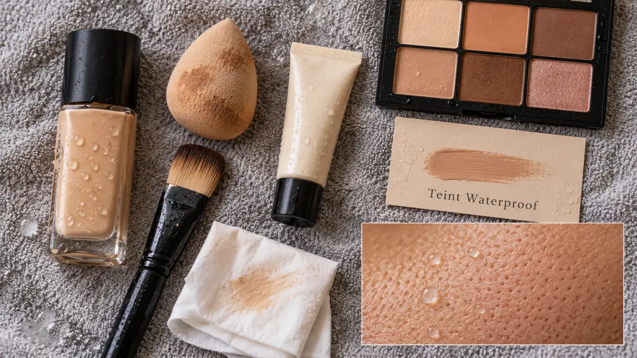 Fond de teint waterproof sur éponge et pinceau, texture peau et pores visibles